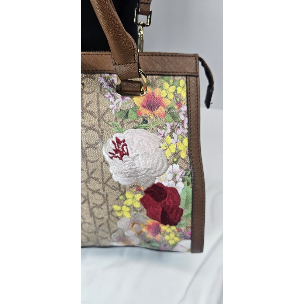 Calvin Klein Floral Embroidered Satchel Crossbody Logo Bag Brown Beige - Picture 3 of 9
